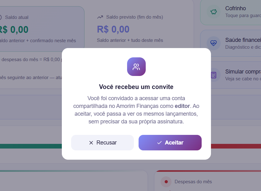 Tela de aceitar convite