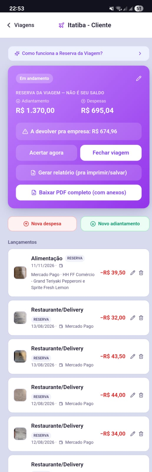 Detalhe da viagem, com lançamentos e PDF completo